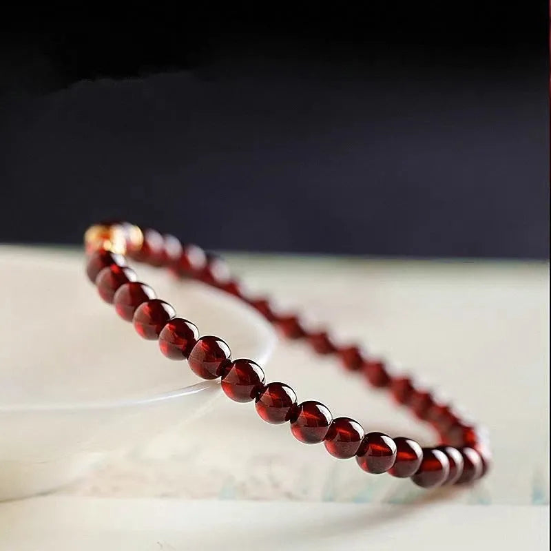 Women's retro wine red garnet bracelet with glass beads, single or double circle, handmade New Chinese style
