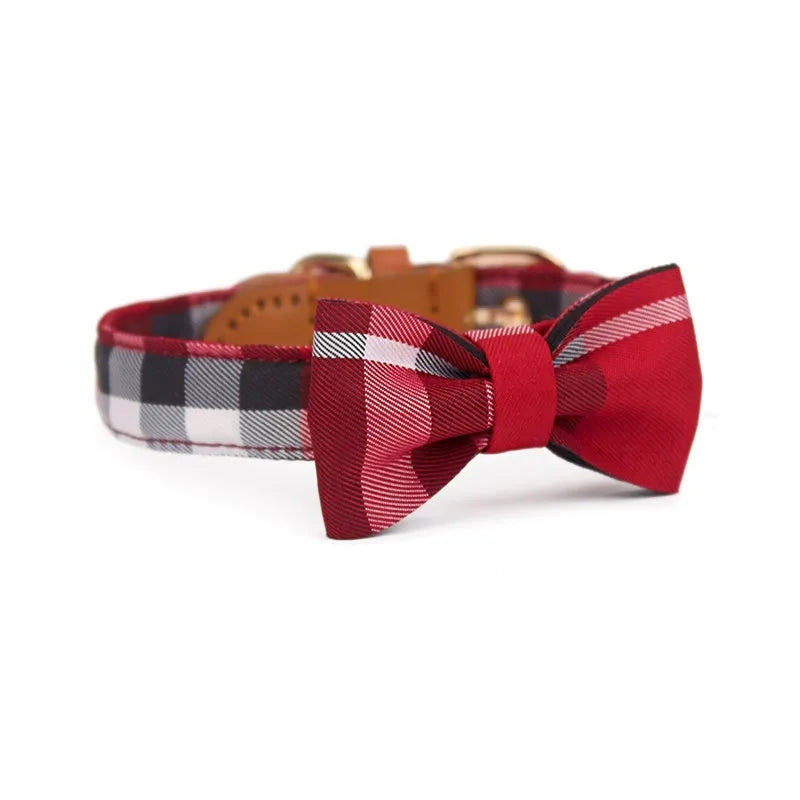 Pet tie collar with drawable mesh bow and leather stitching in Classic Khaki, Bordeaux Red or Rhine Blue, sizes XS M S