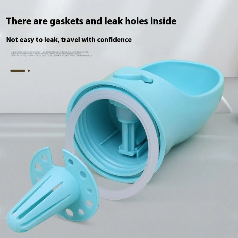 Portable dual-use dog water cup in plastic with split grain design, shown in blue colour