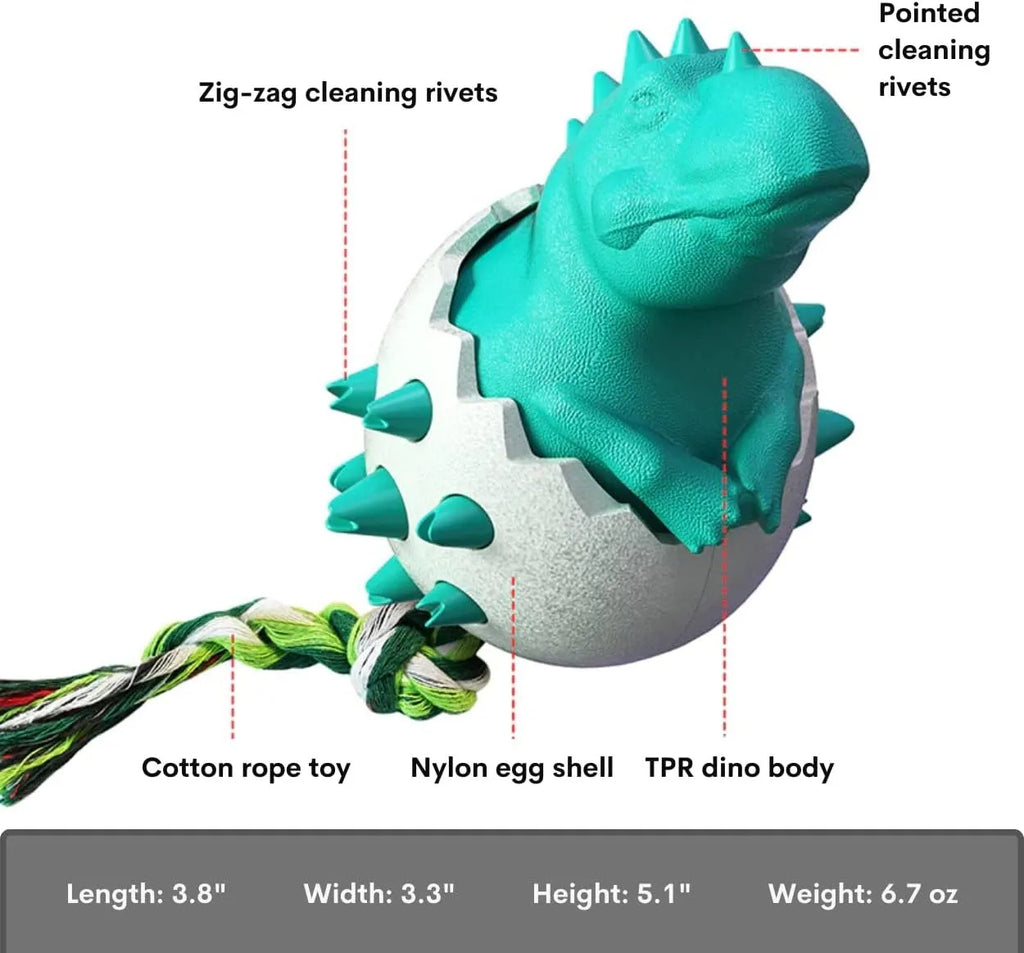 Blue durable dog chew toy with dinosaur design and attached rope for aggressive chewers.