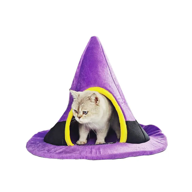 Purple Halloween witch hat shaped cloth cat nest bed measuring 60cm by 45cm.