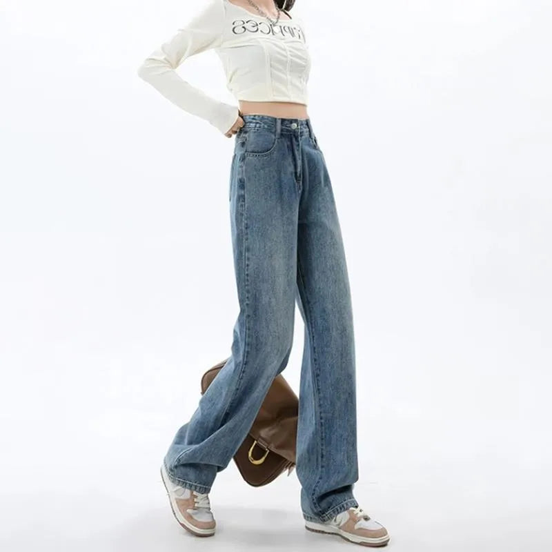 Retro blue women's wide leg jeans with high waist and straight cut design