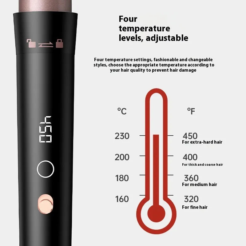 Rose gold hair curler with LCD screen and multiple international power specifications