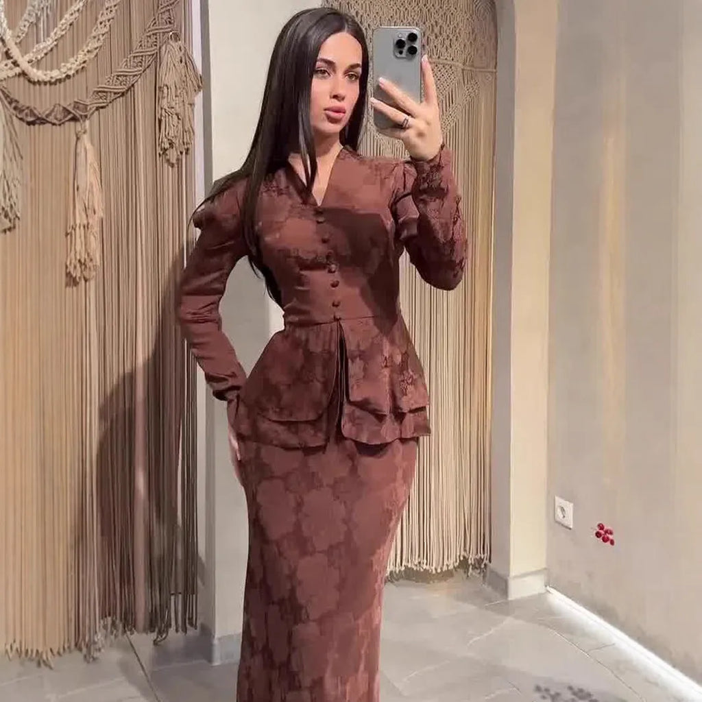 Dark brown artistic retro women's dress with floral patterns, fake two-piece design, and long sleeves