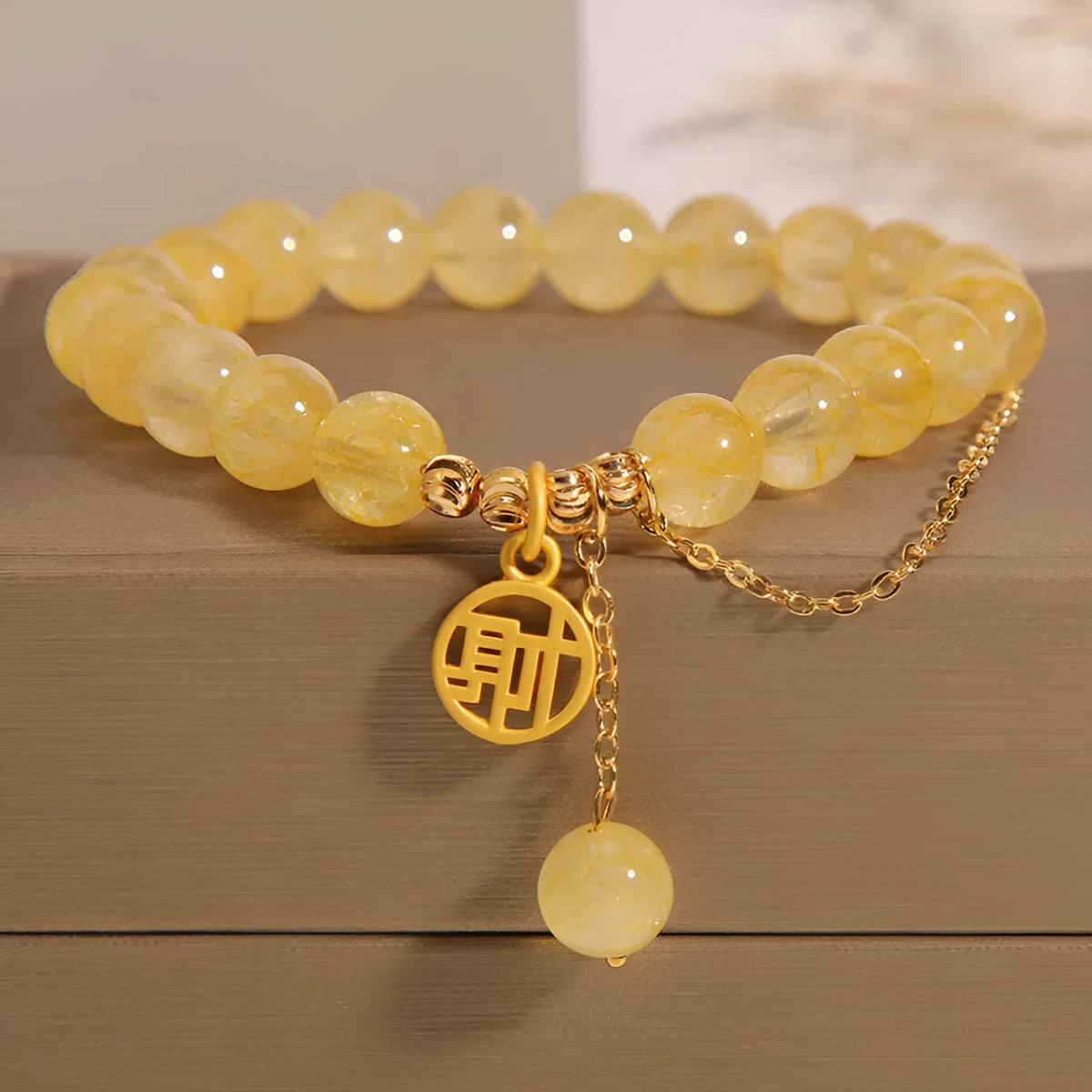 Natural stone citrine bracelet with Chinese character tassel on mixed material band