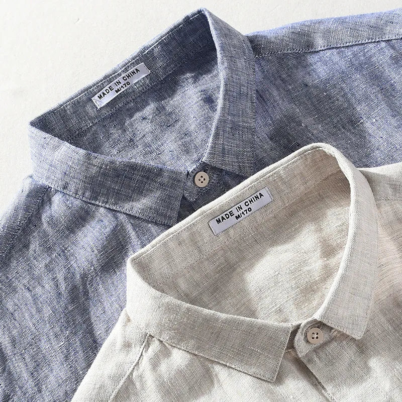 Men's linen short sleeve shirt with a square collar in raw jute colour