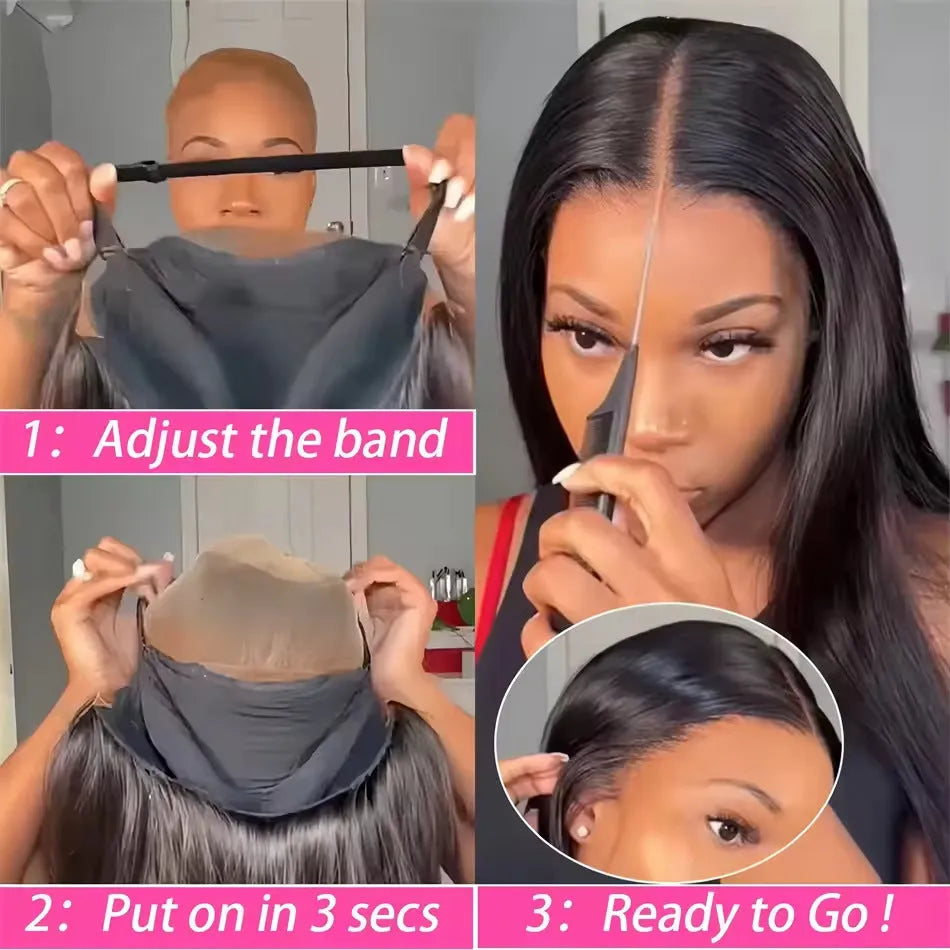 A glueless human hair straight wig with side bangs, shown in a long length.