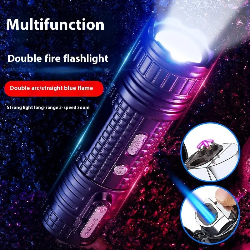TH727 multifunction metal flashlight lighter in camouflage colour showing torch, lighter, and bottle opener.