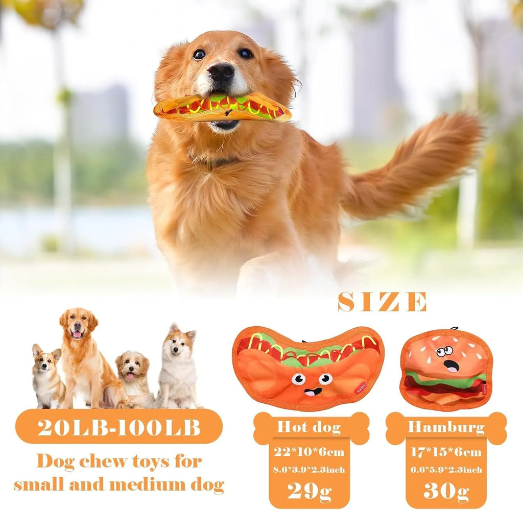 Food-shaped dog chew toys including a hamburger, fries, a hot dog, and a pizza, designed for interactive play with crinkle and squeak sounds.