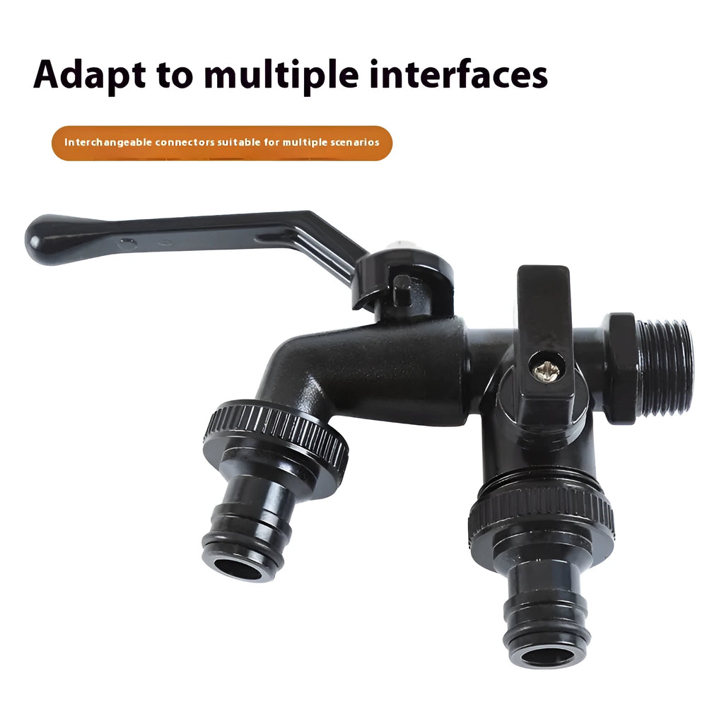 Black plated zinc alloy garden tap with double water outlet and 1/2 connection reference