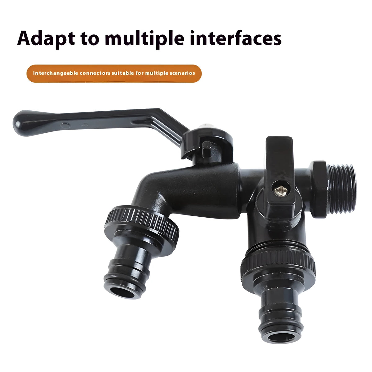 Black plated zinc alloy garden tap with double water outlet and 1/2 connection reference