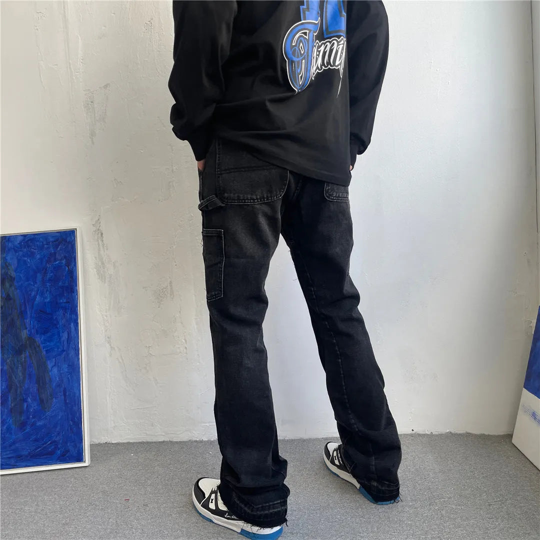 Black micro flared patchwork jeans with raw edge seams and loose straight tube leg, sizes S to 2XL