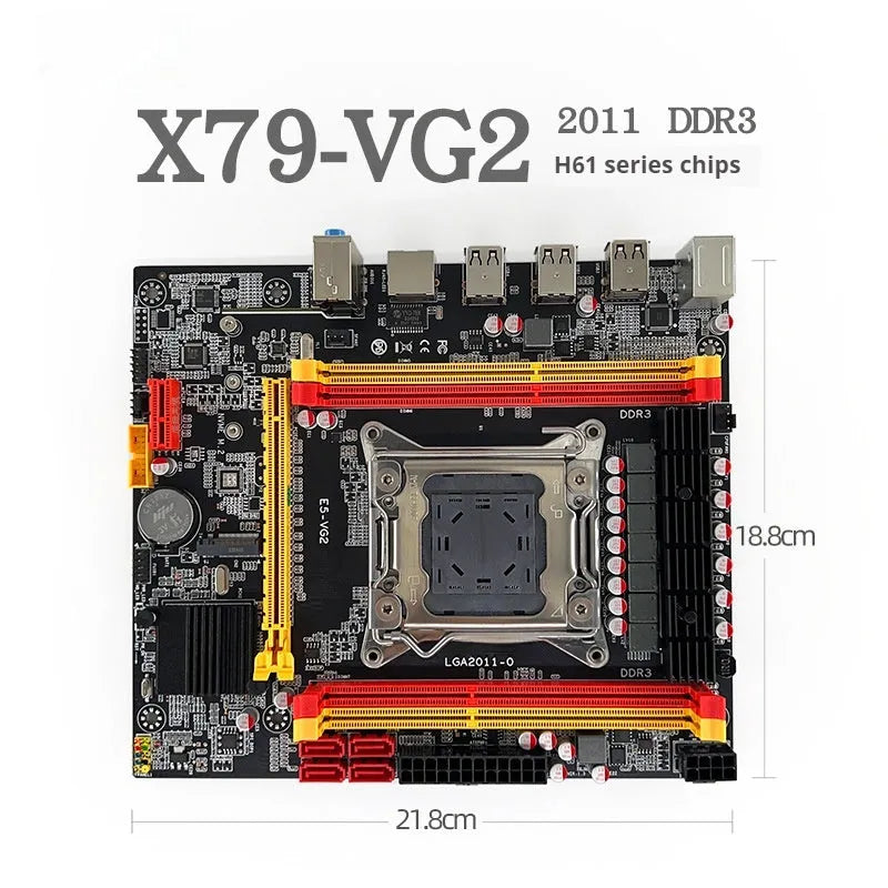 X79-VG2 desktop motherboard with LGA 2011 socket, PCIe 16X slot, DDR3 RAM slots, and multiple USB ports.