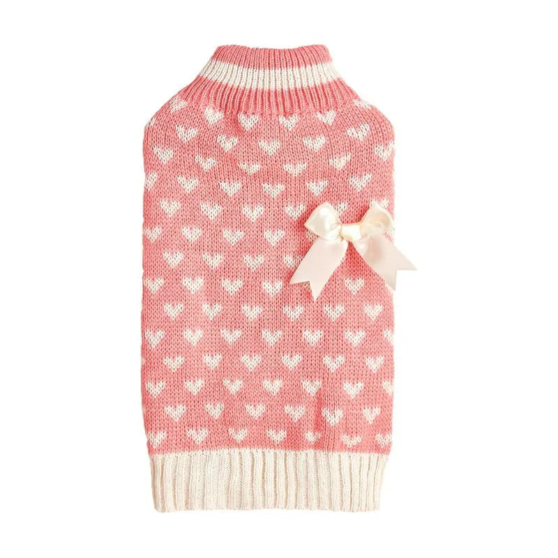 Red and pink dog sweater with love heart and bow designs in acrylic knit for small to medium dogs