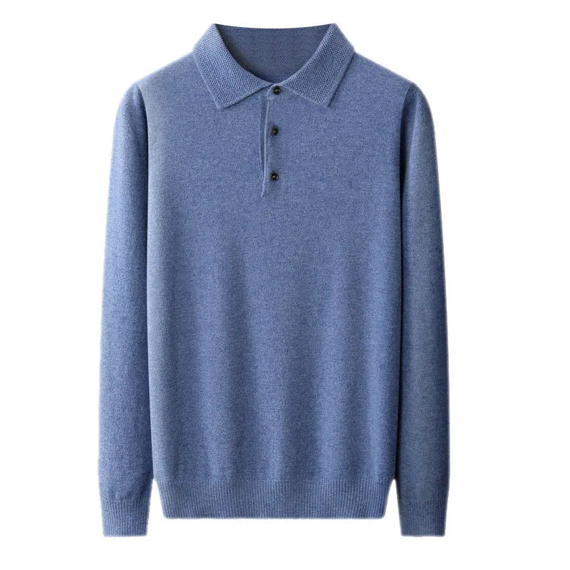 Men's wool polo collar pullover sweater in noble blue, showing long sleeves and knit texture.