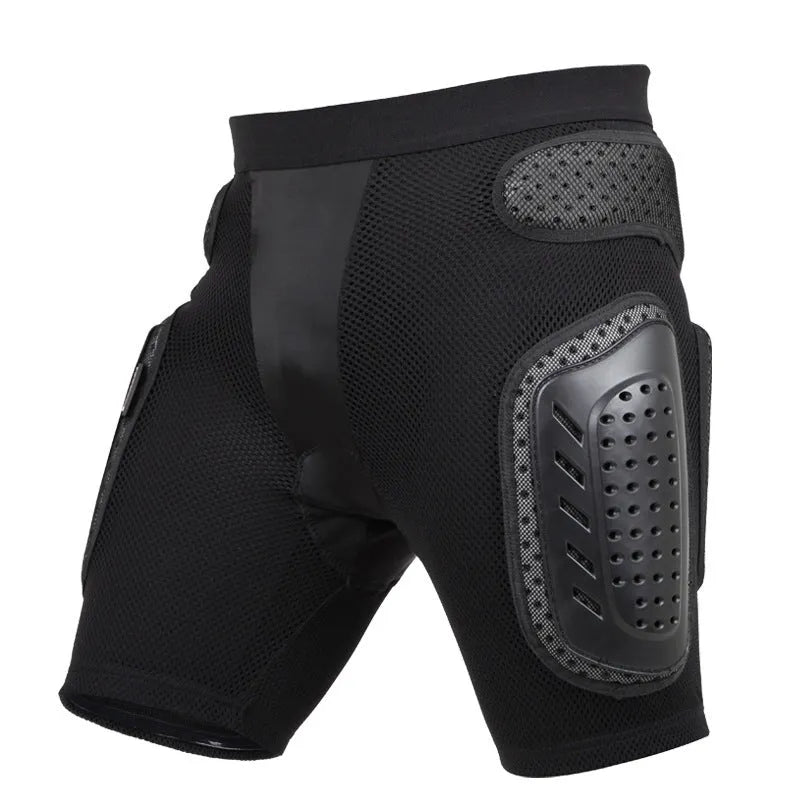 Black cycling hip protection pants showing padded hip area, sizes S M L XL available