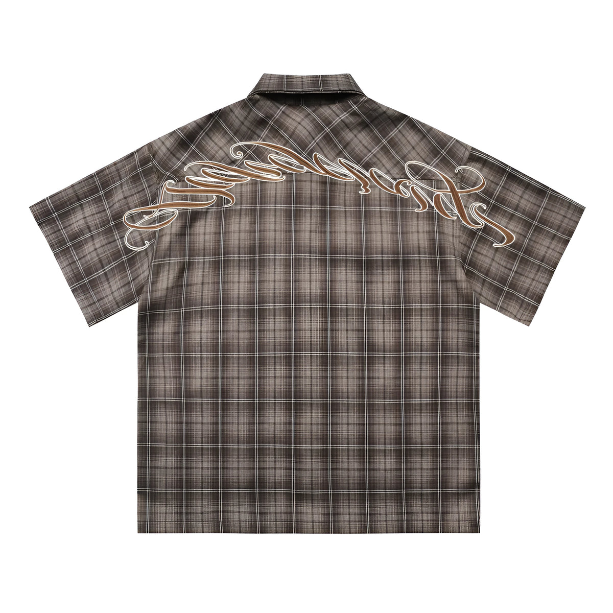 Men's short sleeve plaid shirt with embroidery and lapel collar in black or brown cotton blend fabric
