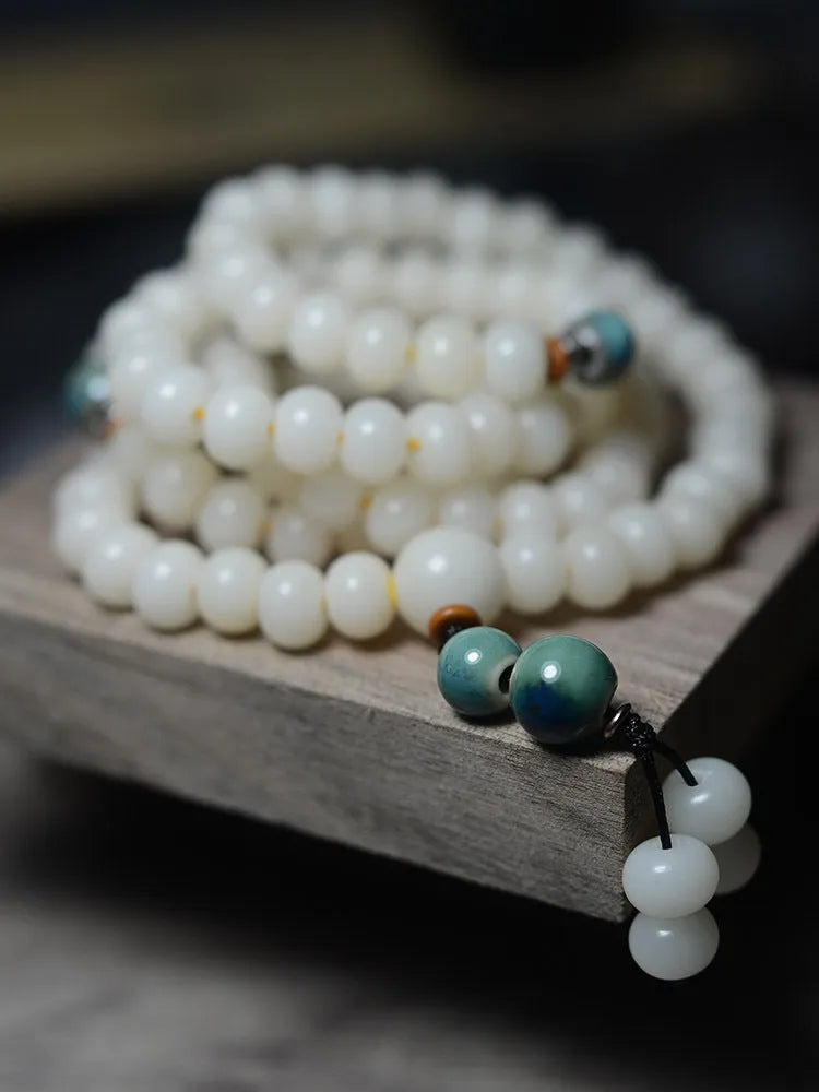 White jade and bodhi root seed bracelet with 108 beads in two sizes