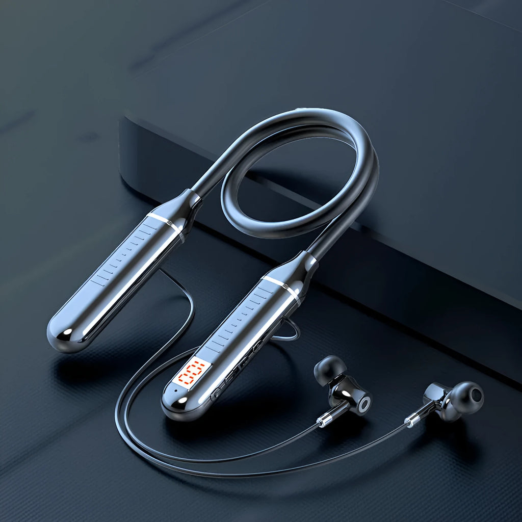 Wireless Bluetooth sports headset with neck hanging design and power display showing battery capacity