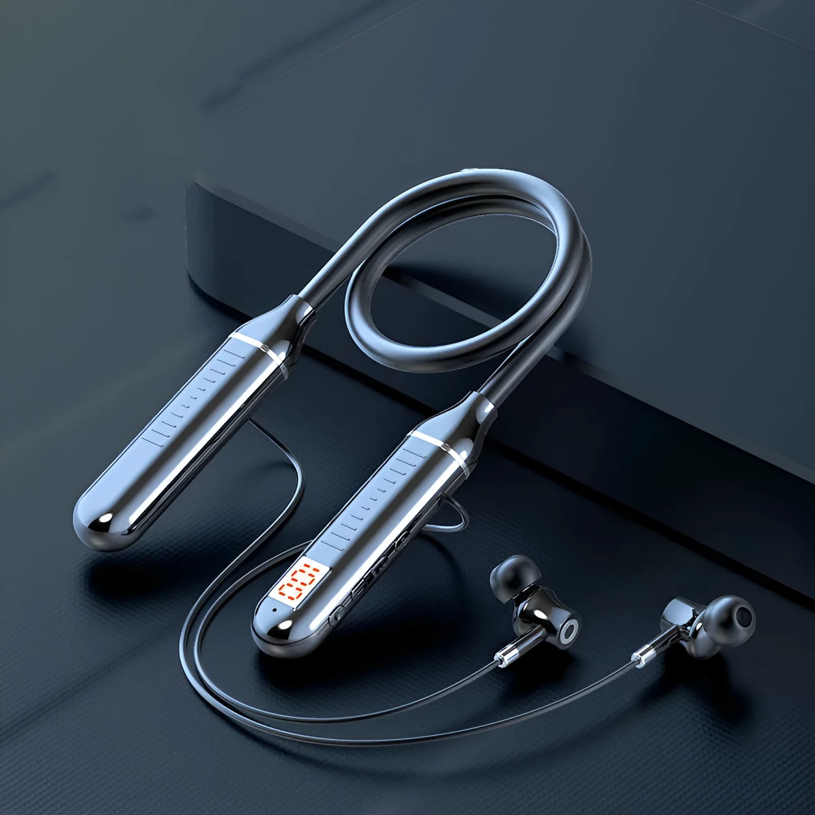 Wireless Bluetooth sports headset with neck hanging design and power display showing battery capacity