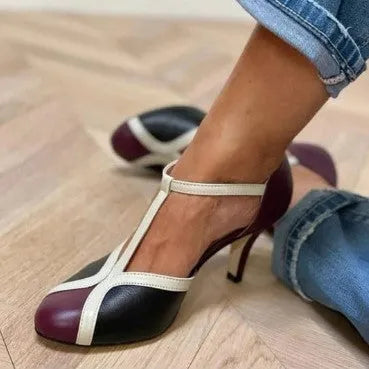 Large size high heels with round toe and button fastening in light blue pink, blue rose red, and wine red black colours