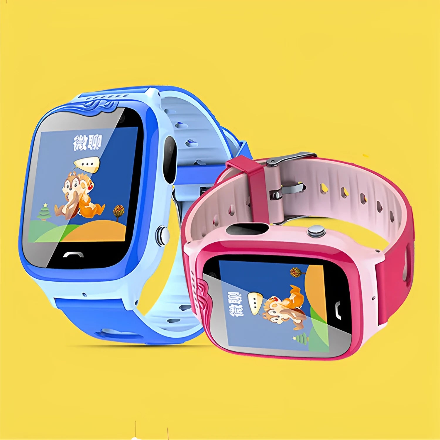 Children's smart phone watch with HD touch screen, GPS positioning, and silicone wristband in pink or blue