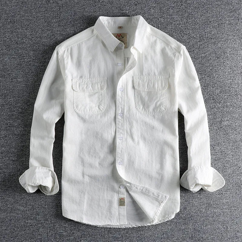 Men's solid colour cotton long sleeve button-down shirt in light blue on hanger