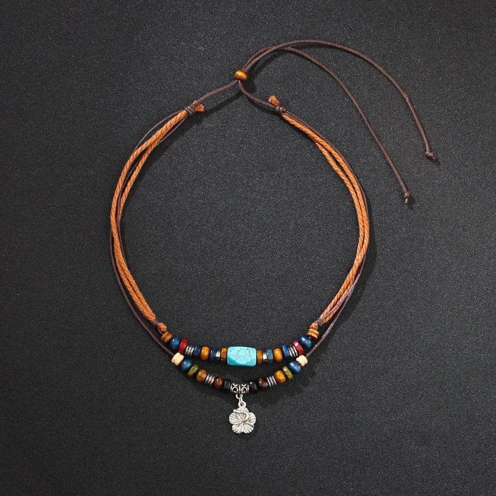 Wooden bead necklace for men with turquoise geometric alloy pendant, wax rope chain and flower element, colour QNN1108