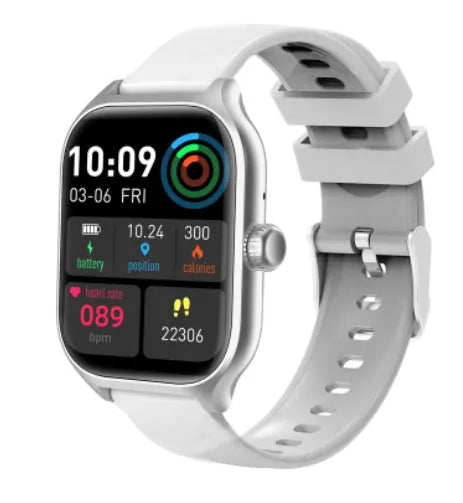 Black full touch screen smartwatch with silicone strap on a wrist, displaying health metrics.