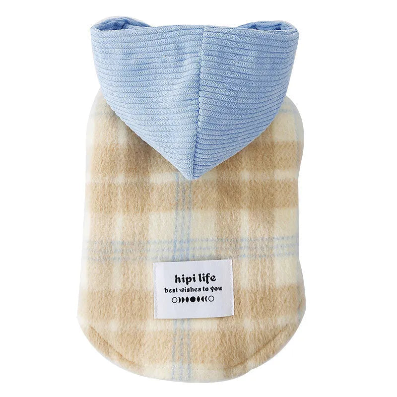 Blue corduroy dog vest with chessboard grid pattern and adjustable hood for winter wear