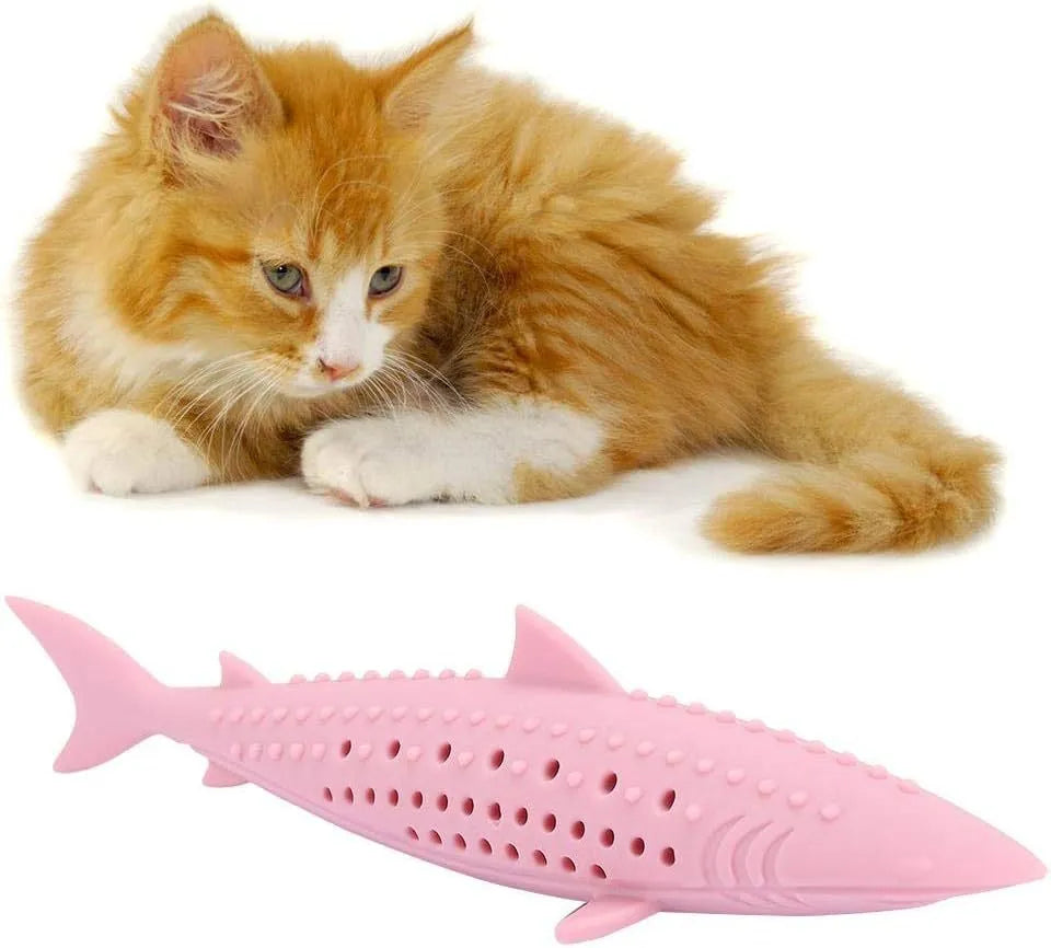 Green silicone fish-shaped cat chew toy with breathable side holes for catnip scent release