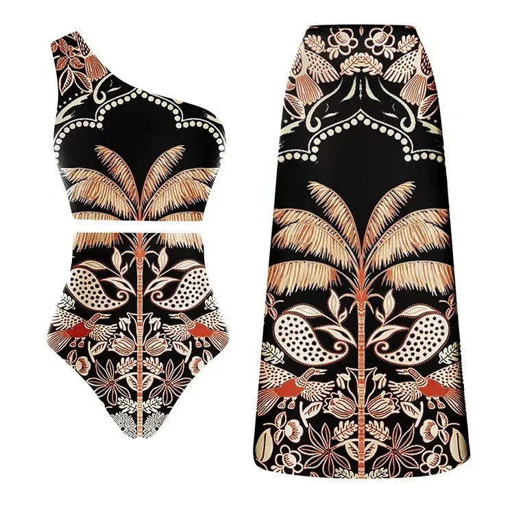 Women's one-piece swimsuit in polyester fabric showing colour options including black and printed designs