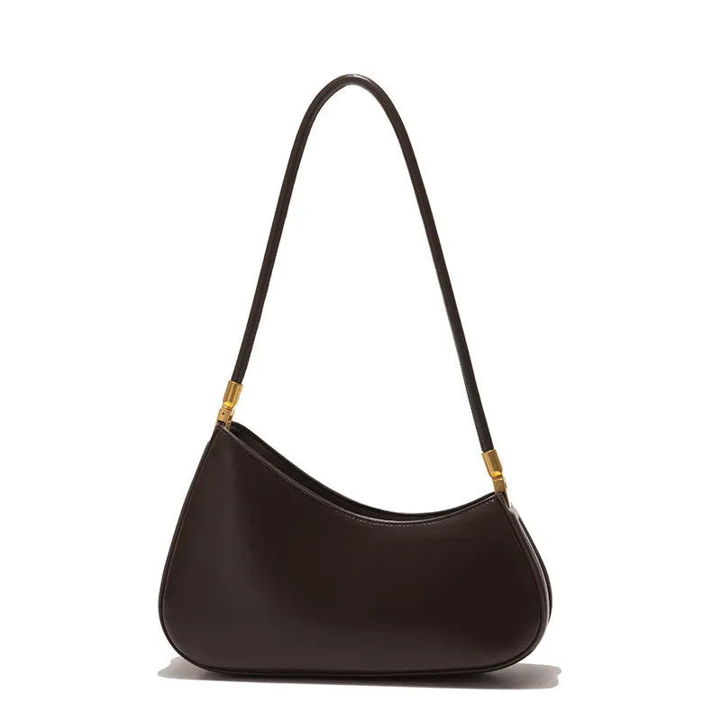 Brown PU leather oval underarm bag with single shoulder strap and sandwich pocket design