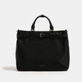 Women's nylon shoulder tote bag in a horizontal square shape showing internal organiser pockets.