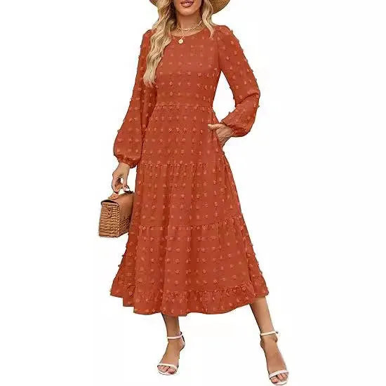 Long sleeve casual dress with ruffle sleeves and high waist in solid colour.
