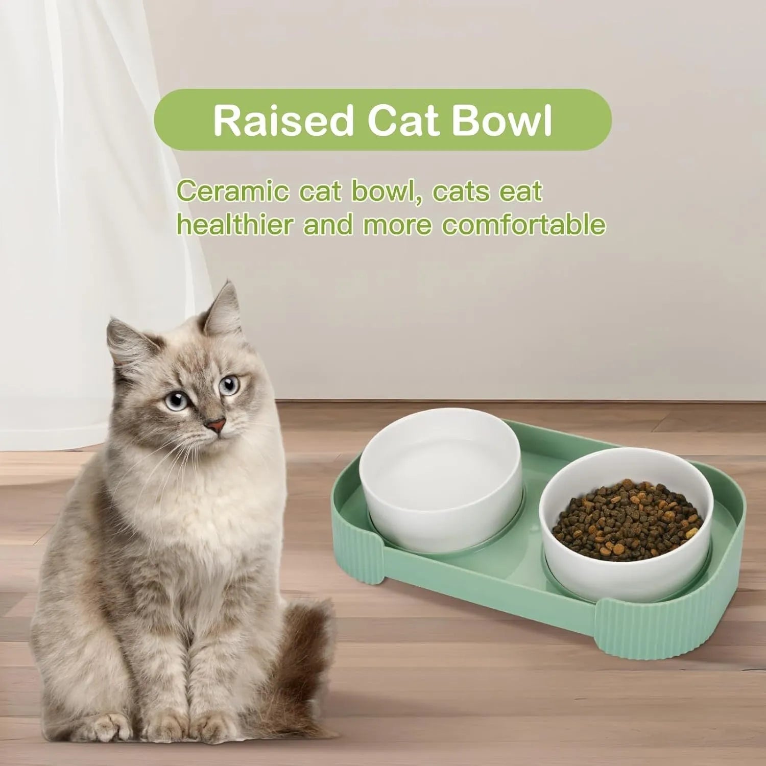 Green ceramic elevated cat bowl set with two bowls on a tilted stand.