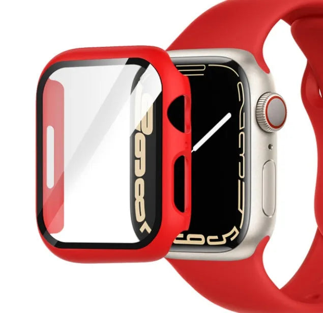 Transparent PC tempered film watch case showing colour options and size variations