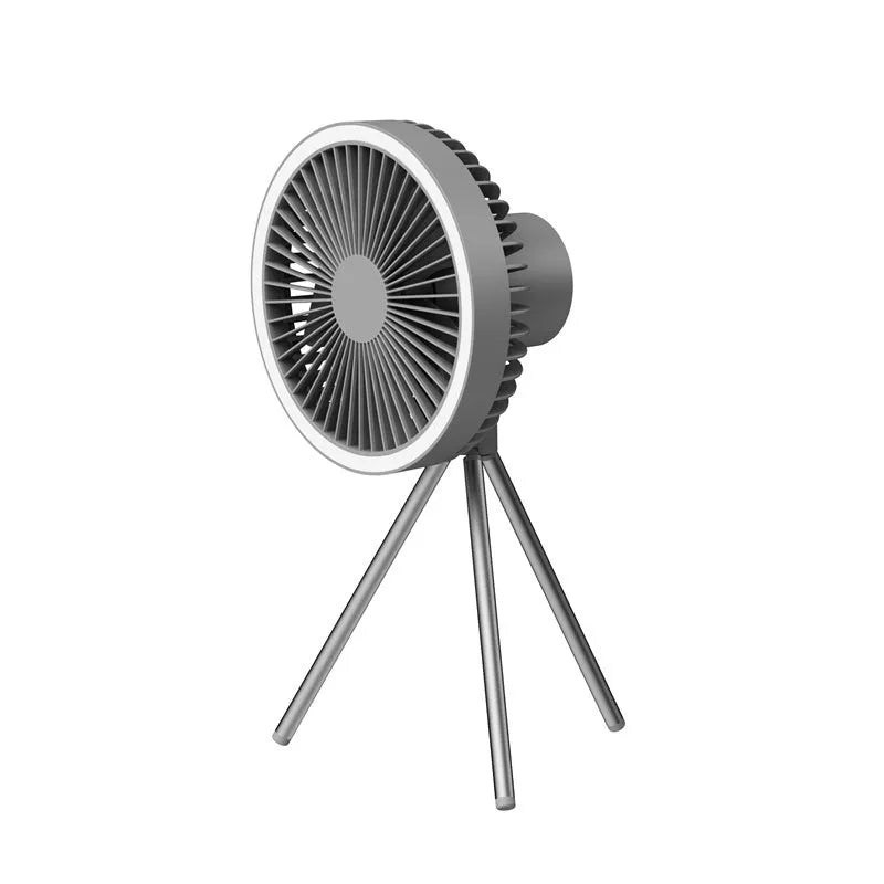 Portable tripod camping fan with detachable aluminium alloy stand, USB rechargeable battery, and hanging hook