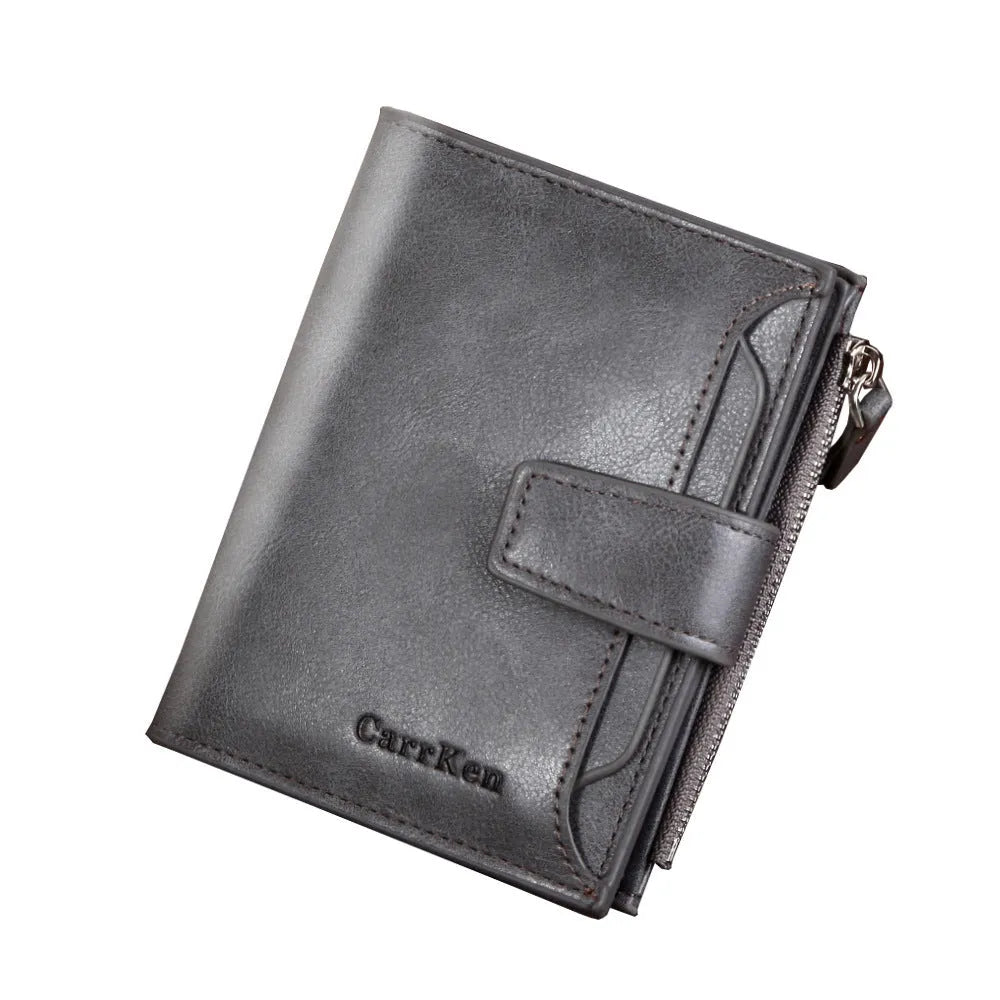 Men's 13842 short PU leather wallet, zip buckle, square vertical, 12.8x9.8x2.5cm, card passport slots