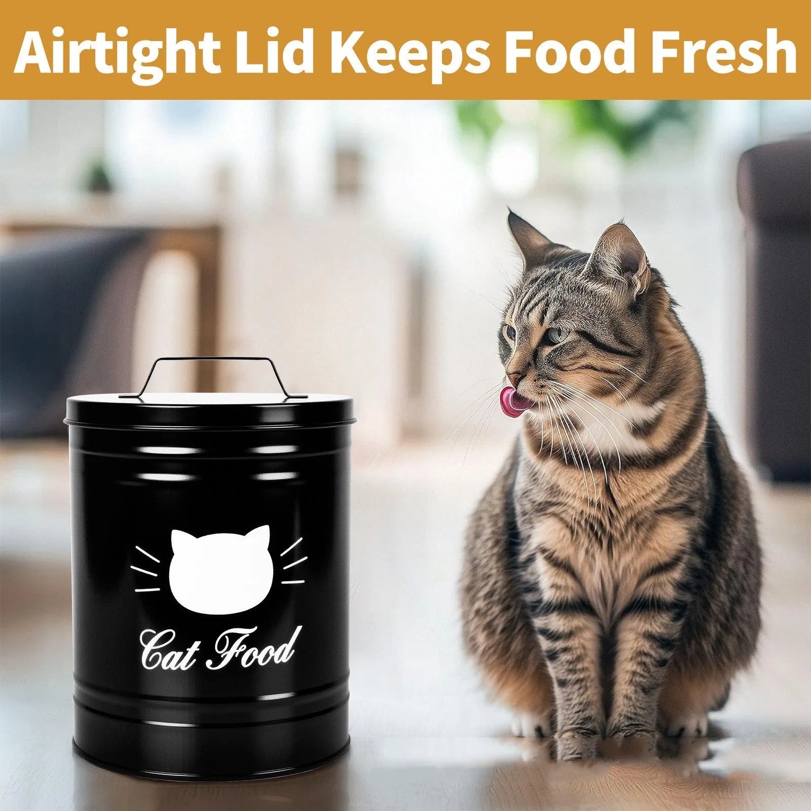 Round black and white iron sheet storage canister with a lid for kitchen pantry organisation.