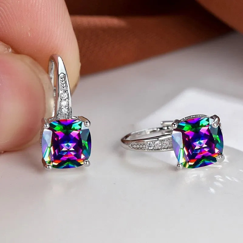 Square zircon inlaid geometric ear hook earrings in copper with multiple colour finish options