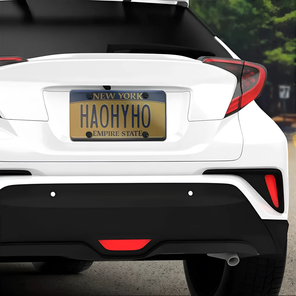 American car license plate frame in plastic, 31 x 16 cm, shown with black, grey, or transparent options and screw nut set.