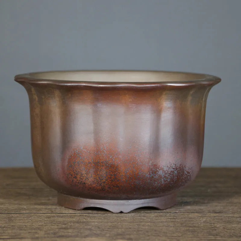 Antique carved purple sand ceramic flowerpot for indoor bonsai display