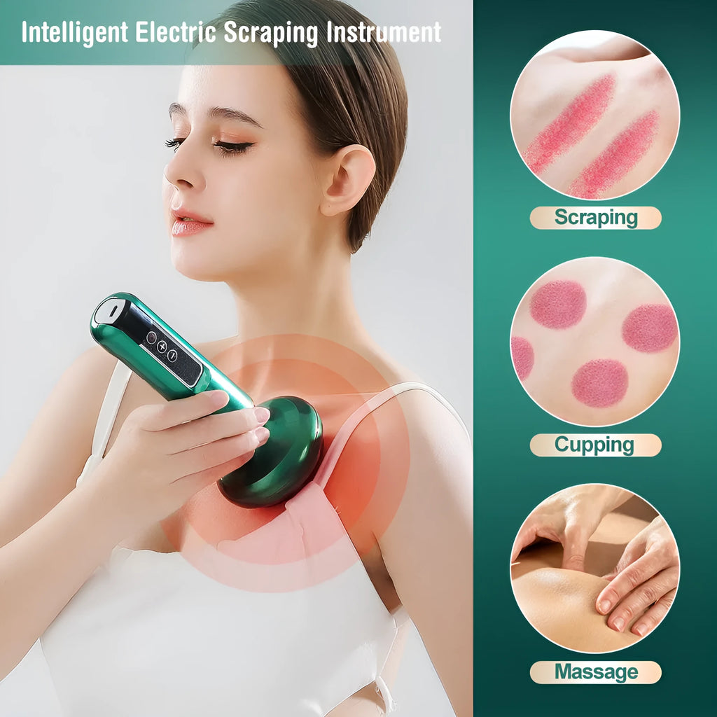 Green electric vacuum cupping massager with USB charger and adjustable suction settings