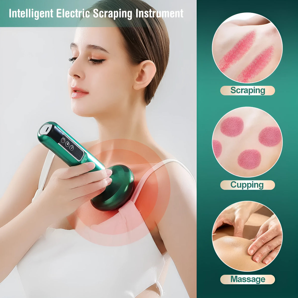 Green electric vacuum cupping massager with USB charger and adjustable suction settings