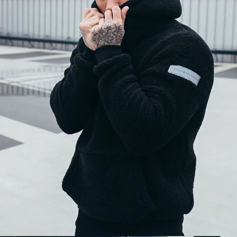 Men's plush hoodie sweatshirt with big pocket, cotton, long sleeves, available in olive green, dark green, blue, black, sizes S-XXXL.