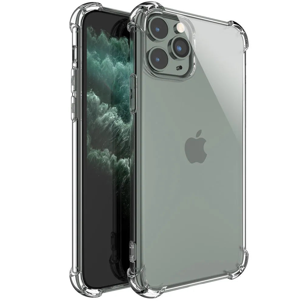Clear transparent TPU shockproof phone case for Apple iPhone, showing front and back views.