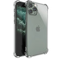 Clear transparent TPU shockproof phone case for Apple iPhone, showing front and back views.