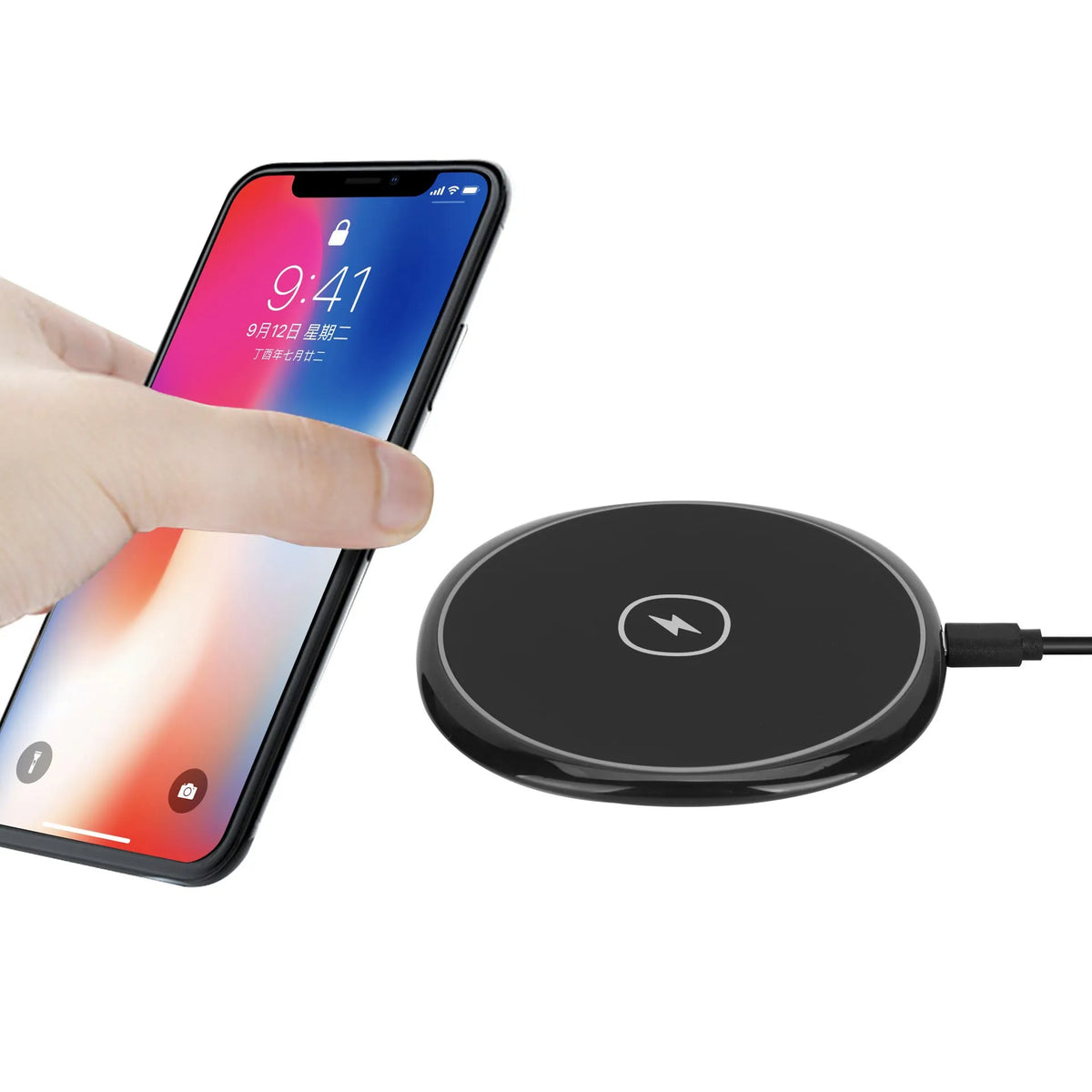 Black 15W fast wireless charger with glossy flat surface and Micro USB interface for Apple and Huawei phones