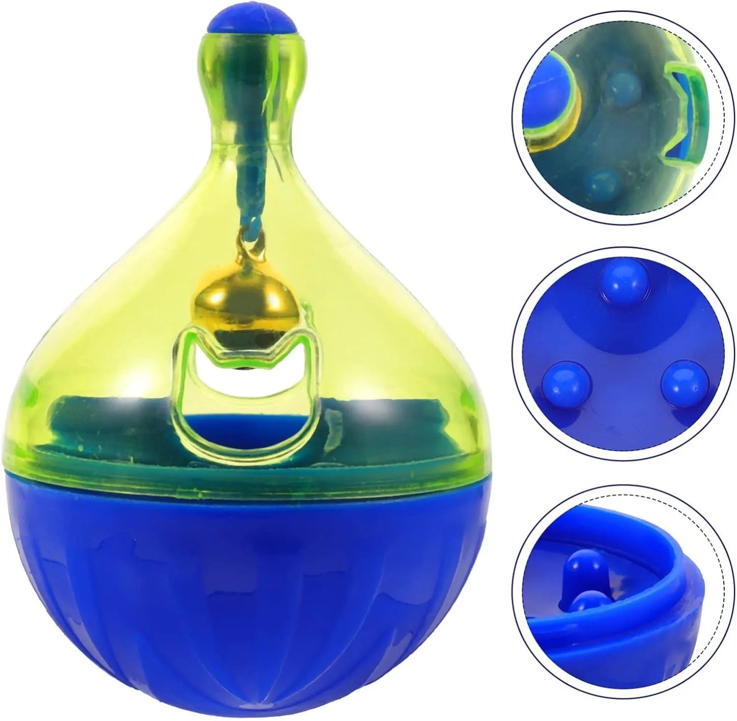 Grey tumbler-shaped interactive pet treat dispenser ball on a wooden floor.